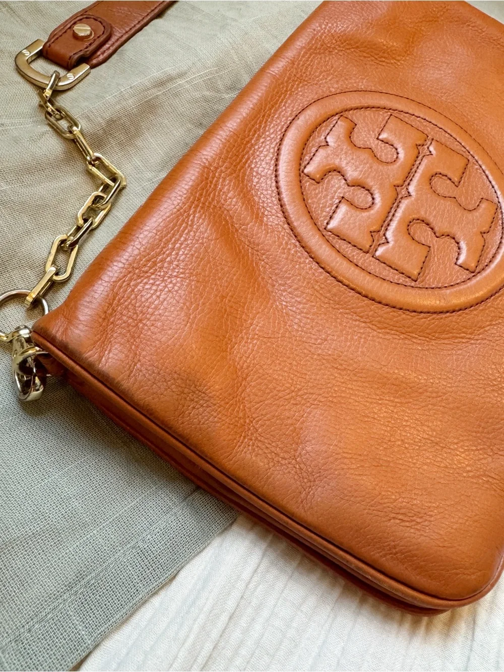 Tory Burch Cognac Leather Logo Clutch with Gold Chain